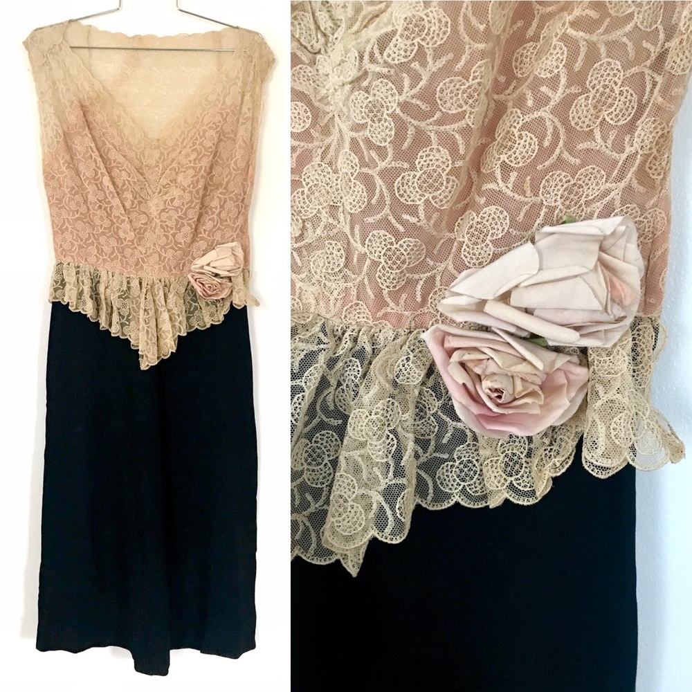 Vintage 40’s lace peplum crepe rayon black dress